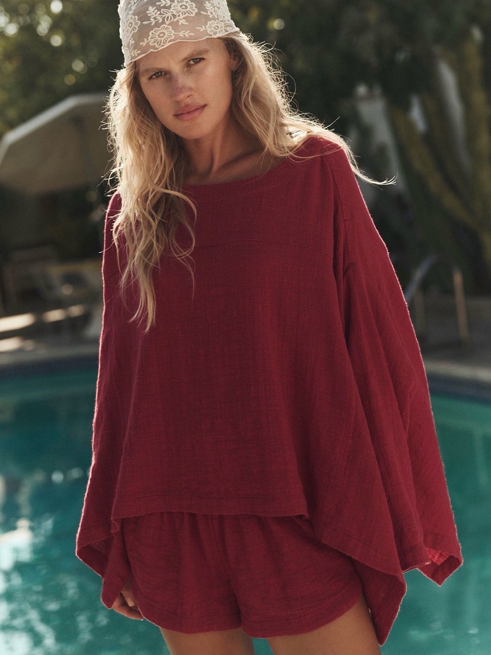 Free People Mauve (Brownish Pink) Oversized Gauze Top and Short Set